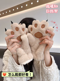 Cute Cartoon Bear Paw Cat Claw Plush Gloves for Women, Thickened Windproof Winter Mittens with Neck Strap
