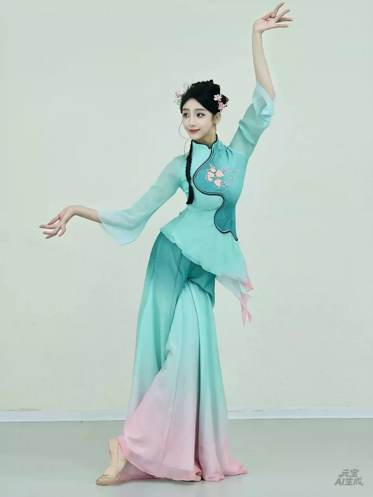 Jiaozhou Yangko Dance Costume for Women, Elegant Classical Dance, Lotus Fan Dance Performance Outfit