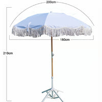 Fringed Cotton Beach Umbrella with Wooden Pole for Garden Patio Sun Protection