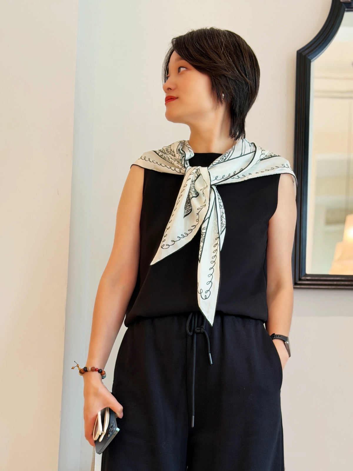 Paris Street View Double Crepe 100% Mulberry Silk Scarf, 12 Momme Vintage Lightweight Luxury Triangle Kerchief