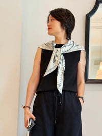 Paris Street View Double Crepe 100% Mulberry Silk Scarf, 12 Momme Vintage Lightweight Luxury Triangle Kerchief