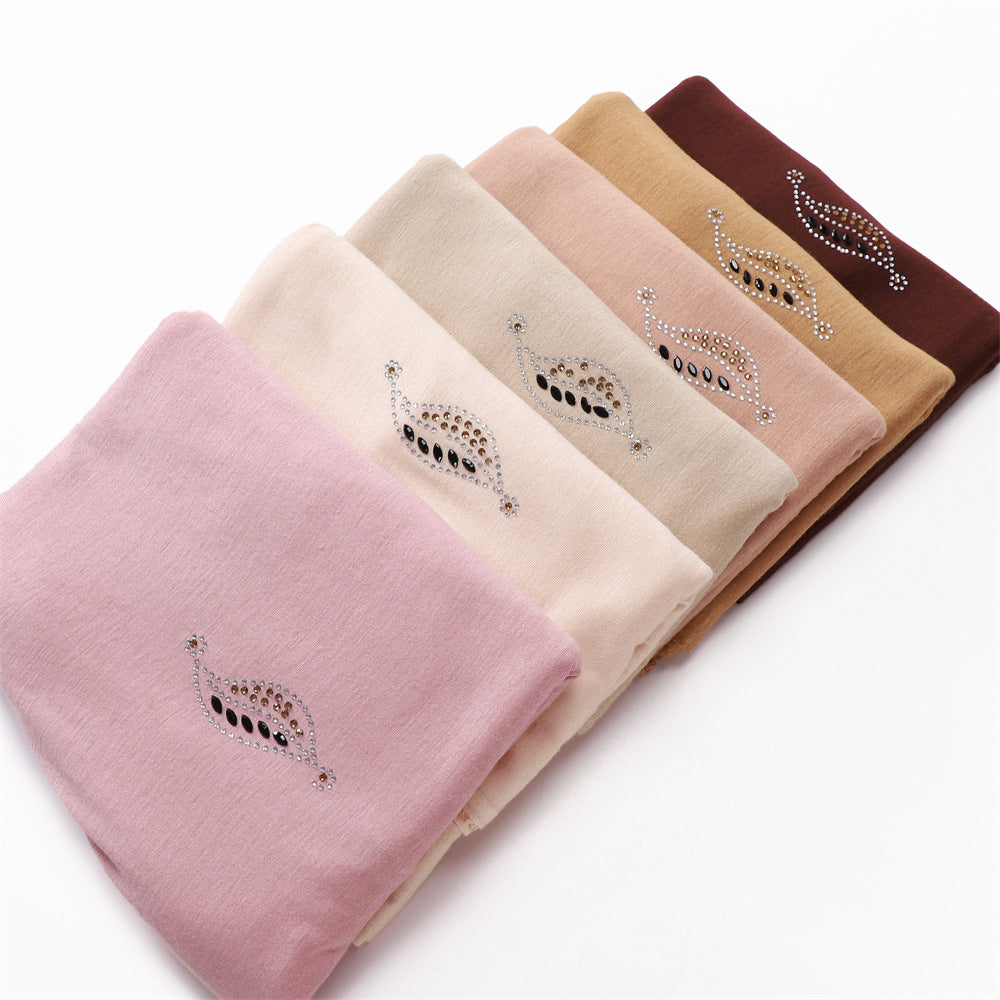 Mercerized Cotton Jersey Scarf with Rhinestone Leaf Pattern