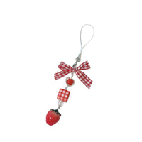 Cute Japanese Style Strawberry Bow Beaded Phone Charm Christmas Red Apple Fruit Pendant Bag Keychain