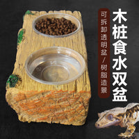Reptile Chameleon Gecko Natural Landscape Anti-mold Chew-resistant Detachable Feeding Wood Stump with Double Bowls