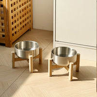 Elevated Stainless Steel Pet Bowl with Wooden Stand for Cats and Small Dogs, Large Capacity, Anti-Tip Design, Neck Protection