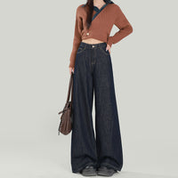 Women's American Style Dark Blue Wide Leg Jeans Loose Fit Straight Trousers
