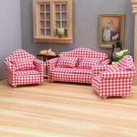 1:12 Dollhouse Miniature Living Room Sofa Set - Red Plaid Furniture Model
