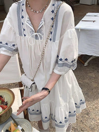 Matisse's Coast French Vintage Nautical Embroidered Floral Two-Piece Set for Women