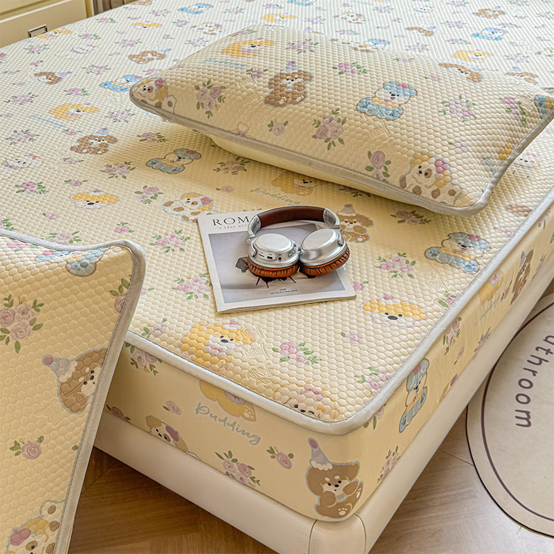Summer Ice Silk Cooling Mat Fitted Sheet Style Bed Cover Set Machine Washable