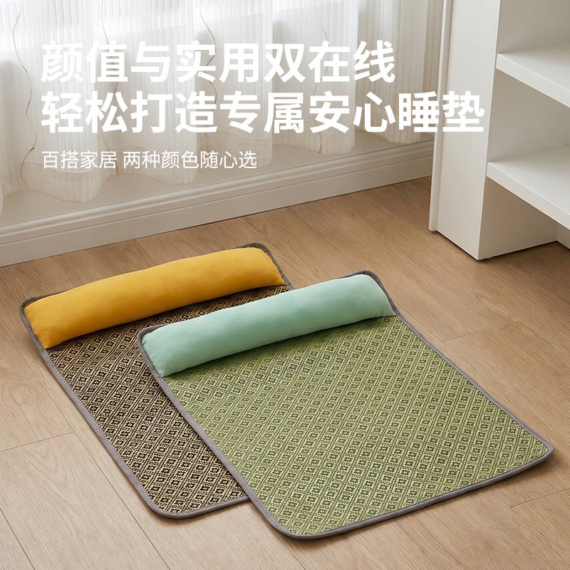 Pet Cooling Mat with Pillow for Cats and Dogs, Breathable Rattan Weave Summer Sleep Pad