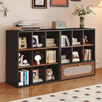 Vintage Rattan Record Player Cabinet Living Room Entryway Large Capacity Storage Bookcase Office Display
