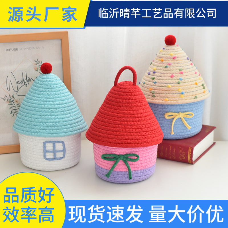 Hand-Woven Cotton Rope House-Shaped Storage Basket with Lid for Home Decor