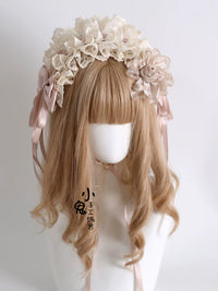 Handmade Lolita Champagne Lace Floral Headband Hair Clip Set