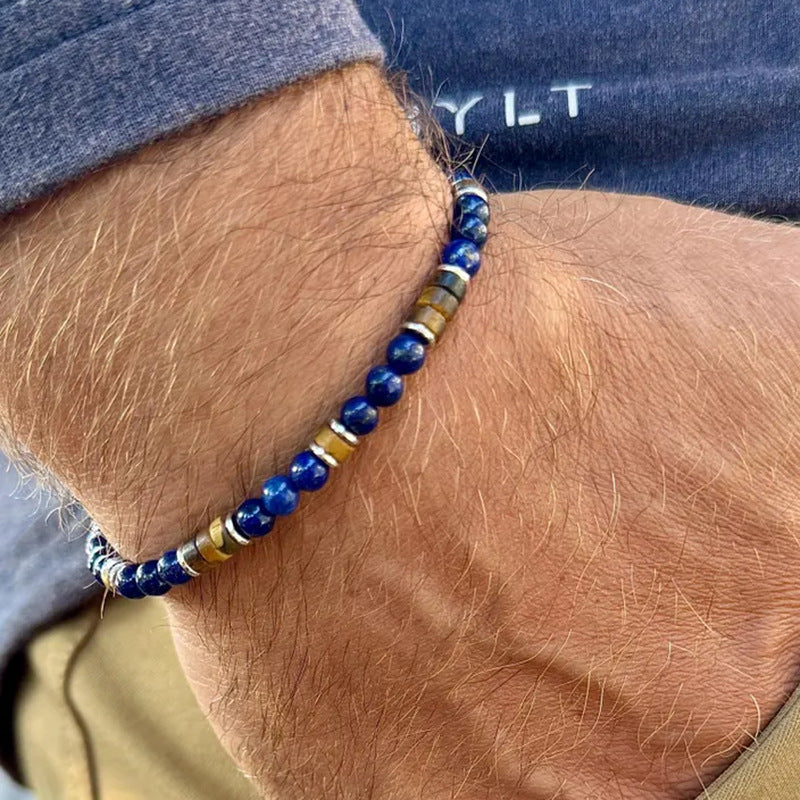 Vintage Lapis Lazuli Picture Stone Beaded Bracelet for Men, Natural Stone Flat Bead European and American Style Jewelry