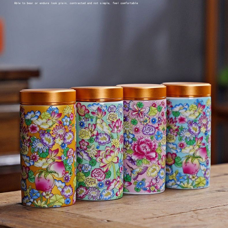 Enamel Ceramic Tea Caddy with Aluminum Alloy Lid, Small Portable Storage Jar for Tea, Powder, and Spices