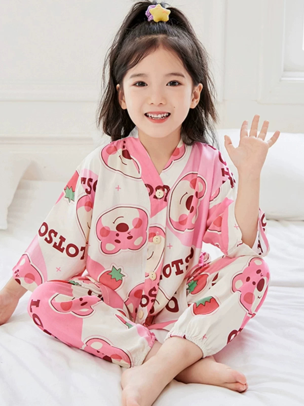 Girls' Cotton Rayon Pajama Set Summer Thin Kids' Loungewear with Stand Collar