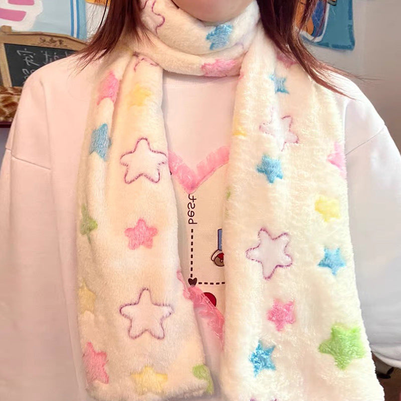 Vintage Japanese Harajuku Plush Cross Scarf with Star and Butterfly Embellishments