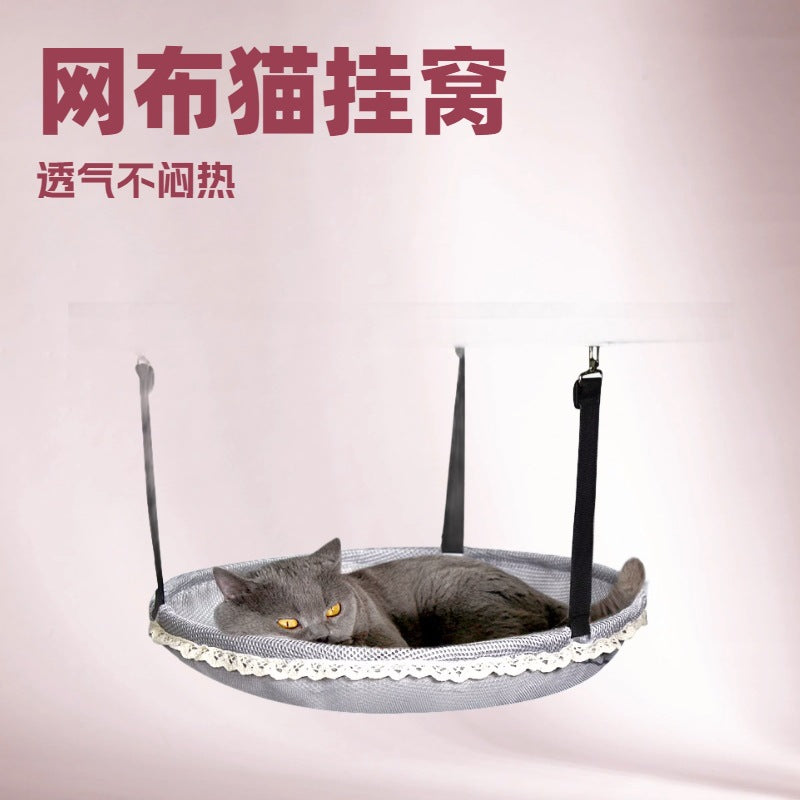 Adjustable Mesh Cat Hammock Bed Round Hanging Pet Swing for Cats