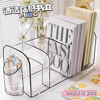 Clear Acrylic Desktop Bookends with Pen Holder for Office and Student Desk Organization