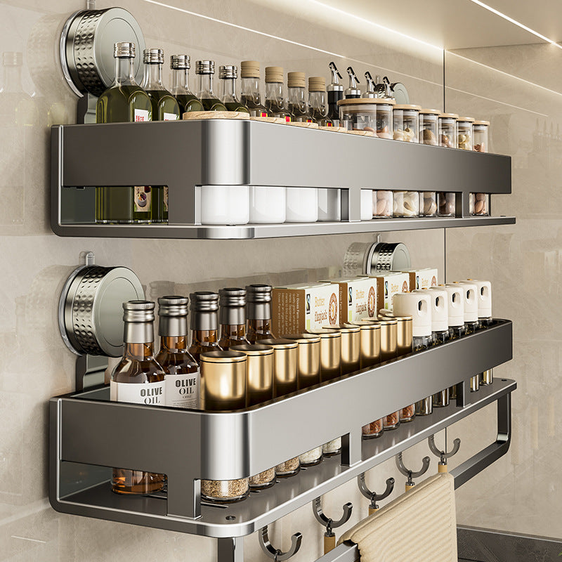 Suction Cup Kitchen Storage Rack Wall-Mounted Spice Organizer with Hooks