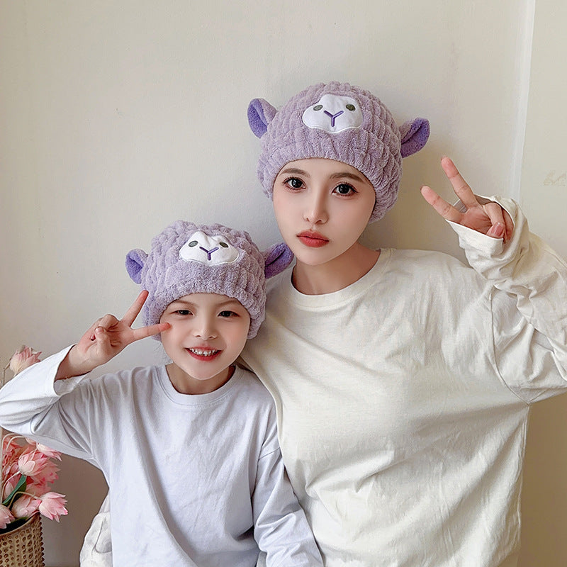 Cartoon Lamb Coral Fleece Hair Drying Cap for Kids and Adults