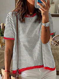 2025 New Knitted Sweater European and American Style Striped Color Block Drop Shoulder Short Sleeve Top