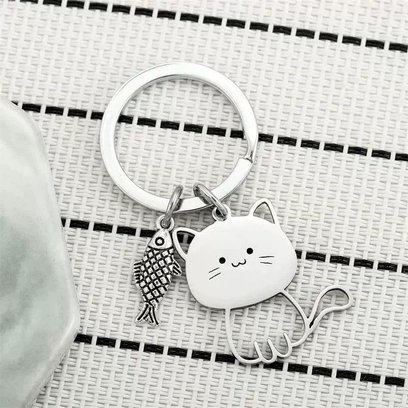 Cute Cartoon Cat Eating Fish Stainless Steel Keychain Pendant for Couples