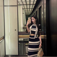 Woppei Early Spring Nautical Style Knitted Set Women's Blue and White Striped Short Sleeve Top
