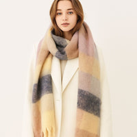 Mohair Plaid Scarf for Women, Korean Style Plush Tassel Warm Neck Wrap