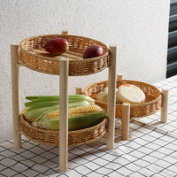 Handwoven Rattan-Style Double-Layer Fruit Basket with Wooden Stand for Living Room Snacks & Afternoon Tea