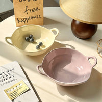Irregular Ceramic Bowl with Double Handles for Salad, Dessert, Yogurt, and Noodles