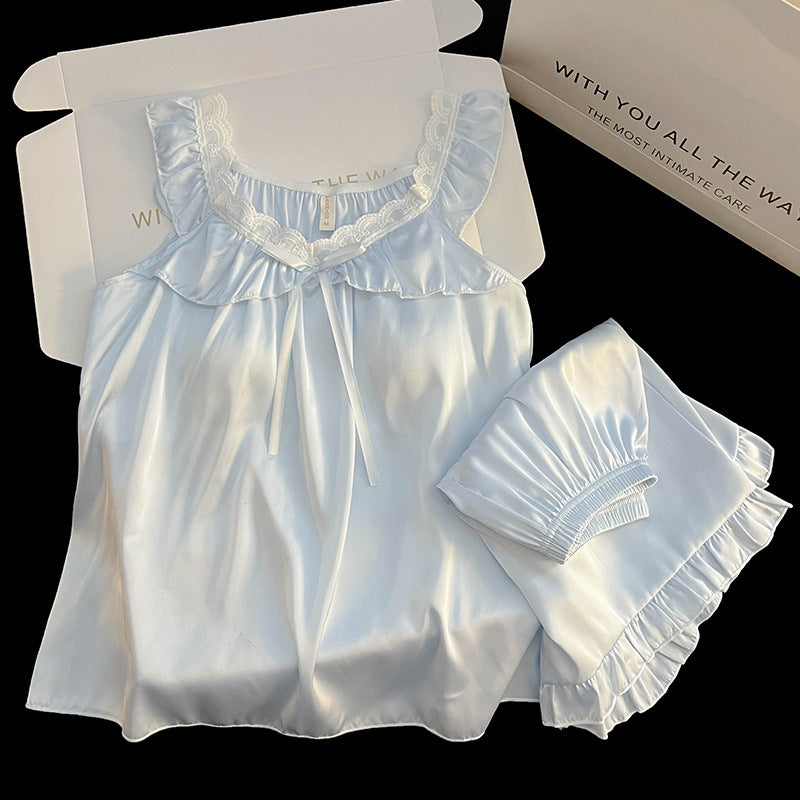 Women's Ice Silk Pajama Set with Built-in Bra Pads, Short Sleeve Lace Trim Homewear