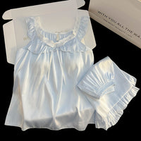 Women's Ice Silk Pajama Set with Built-in Bra Pads, Short Sleeve Lace Trim Homewear