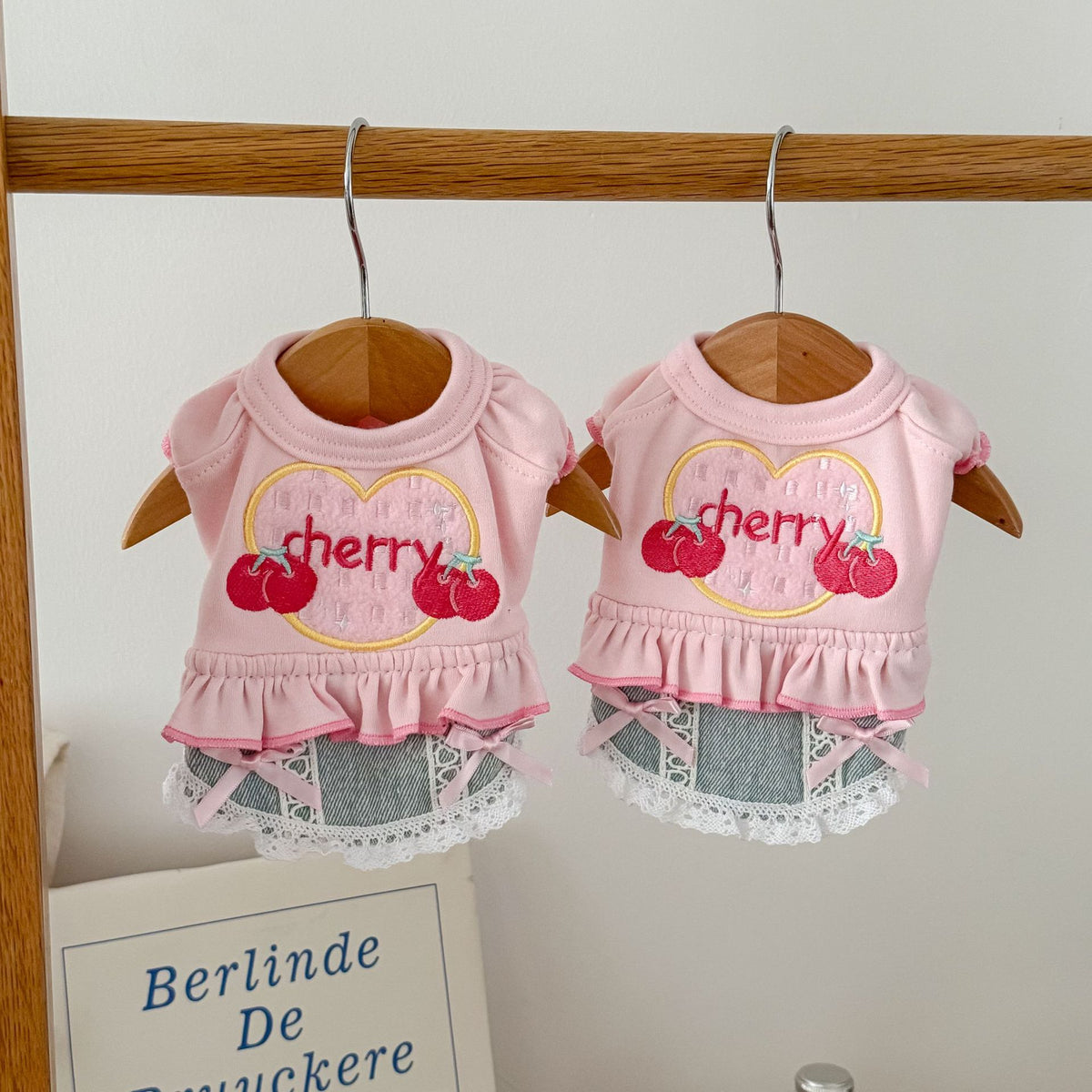 Pet Cat Small Dog Embroidered Cherry Denim Princess Dress Cotton Autumn Winter Base Layer