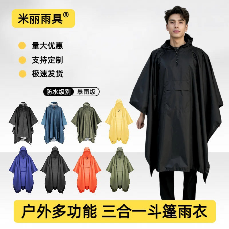 3-in-1 Multifunctional Rain Poncho Backpack Cover Tent Tarp Ground Mat for Outdoor Hiking Camping