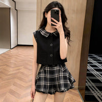 French Style Vest & Plaid Shorts Two-Piece Outfit