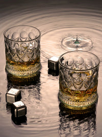 Whiskey Glass Set with Stainless Steel Ice Cubes and Tongs, Nordic Crystal Glassware for Home Bar