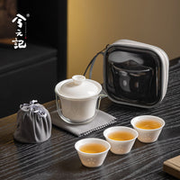 Portable Lamb Fat Jade Porcelain Travel Tea Set with Quick Cup, One Bowl, Three Cups for Outdoor Camping