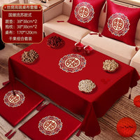 Red Wedding Tablecloth and Cushion Set with Fruit Plate and Dried Fruit Tray for Wedding Room Decoration