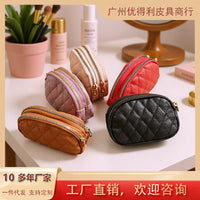 Quilted PU Leather Coin Purse with Double Zipper and Key Ring, Mini Card Holder for Women