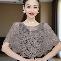 Sequined Knit Poncho Shawl with Brooch for Women, Sun Protection Air Conditioning Cover Up, Thin Summer Style