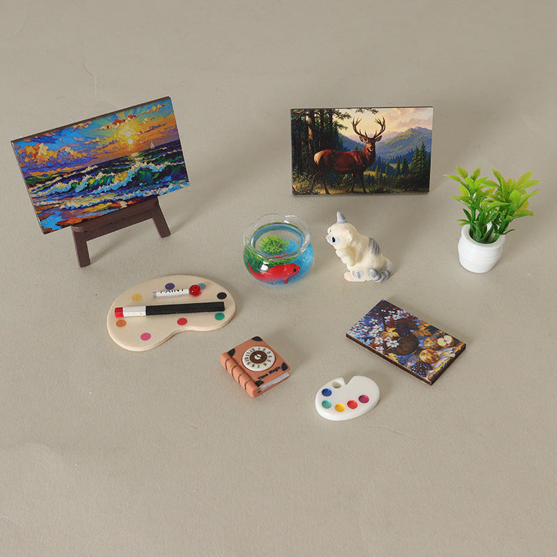 Miniature Dollhouse Painting Easel & Fish Tank Decor Set