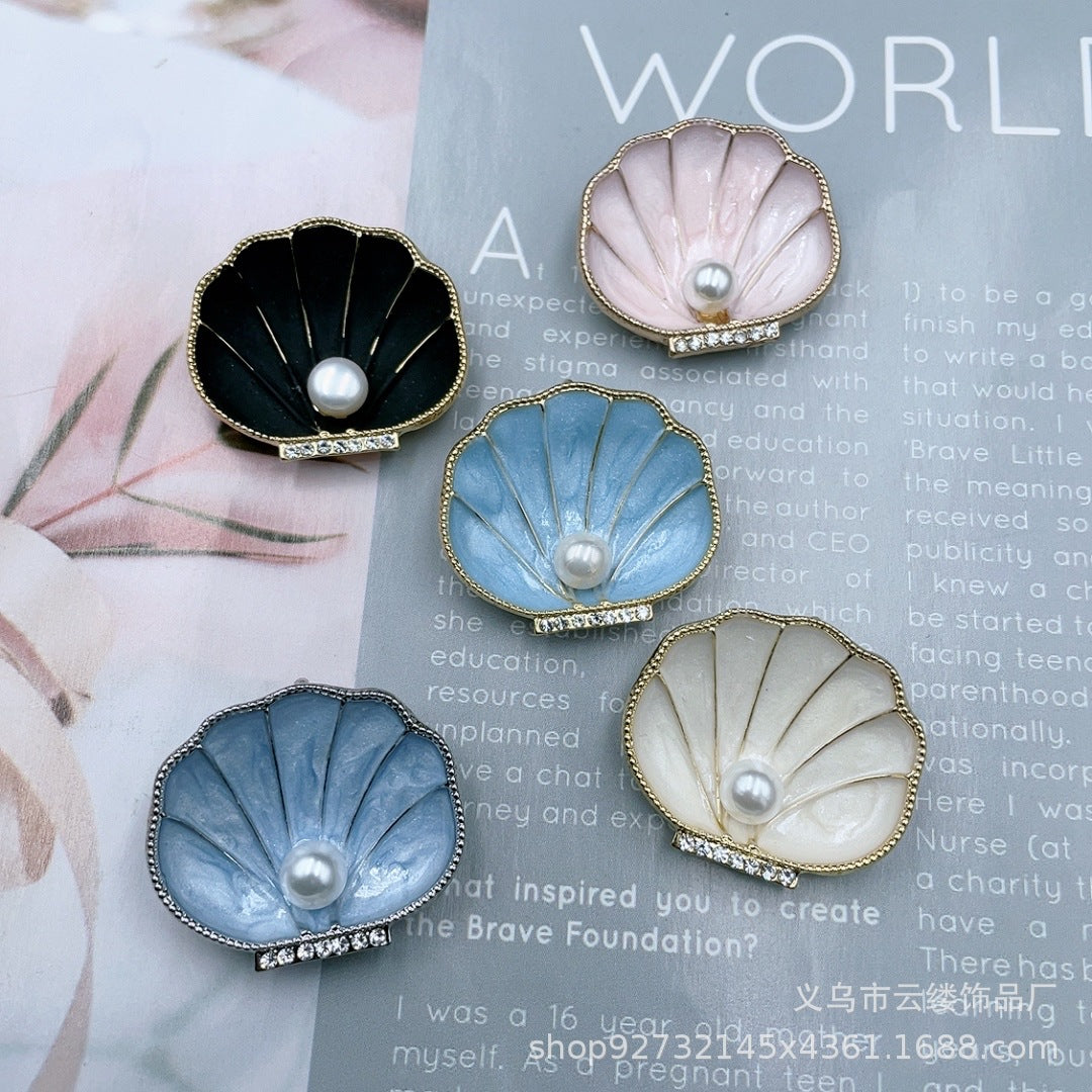 Korean Retro Enamel Pearl Shell Brooch Alloy Cartoon Marine Life Scallop Rhinestone Pin