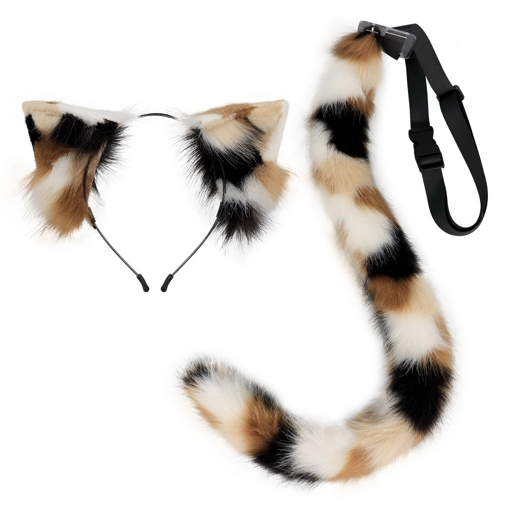 Plush Calico Cat Ear Headband and Tail Set for Cosplay
