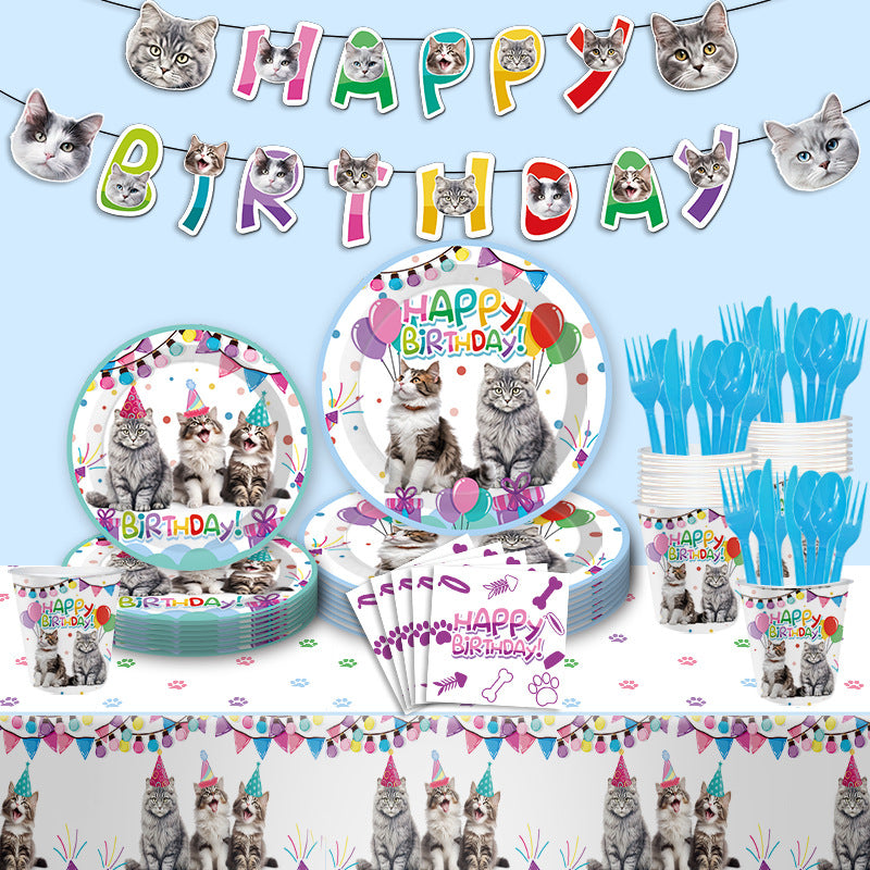 Cat Theme Birthday Party Supplies Set for Kids - Plates, Cups, Napkins, Decorations
