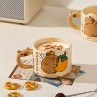 Capybara Stacking Ceramic Mug with Lid and Spoon, 300ml Creative Gift Set