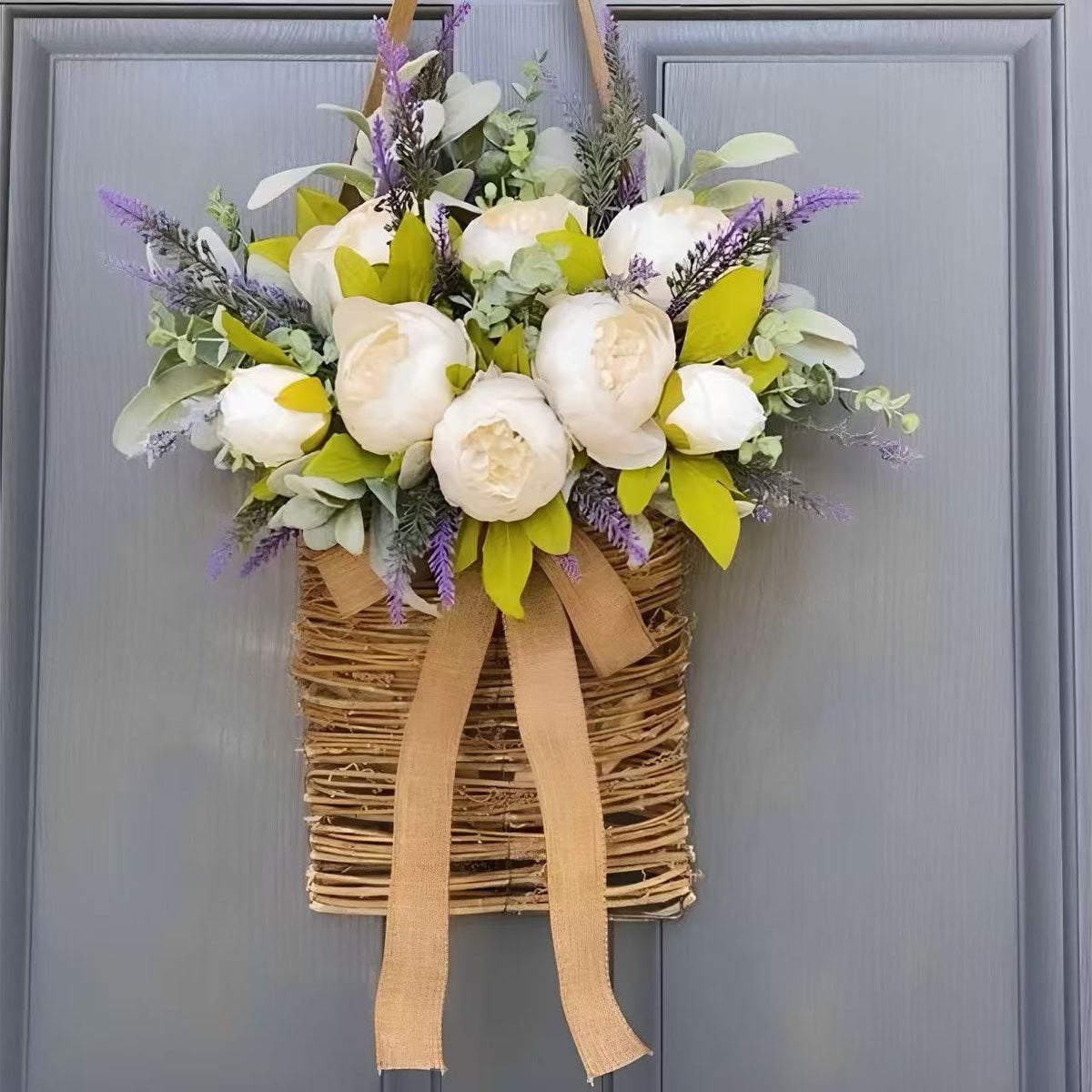 New Artificial Peony Lamb's Ear Flower Basket Wreath Plant Door Hanging Home Decor