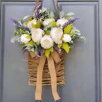 New Artificial Peony Lamb's Ear Flower Basket Wreath Plant Door Hanging Home Decor