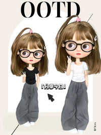 Blythe OB24 Doll Clothes Pleated Short Sleeve T-Shirt and Wide Leg Pants