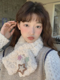 Japanese Sweet Star Plush Cross Scarf for Women, Thickened Warm Short Korean Style All-match Student Neck Warmer